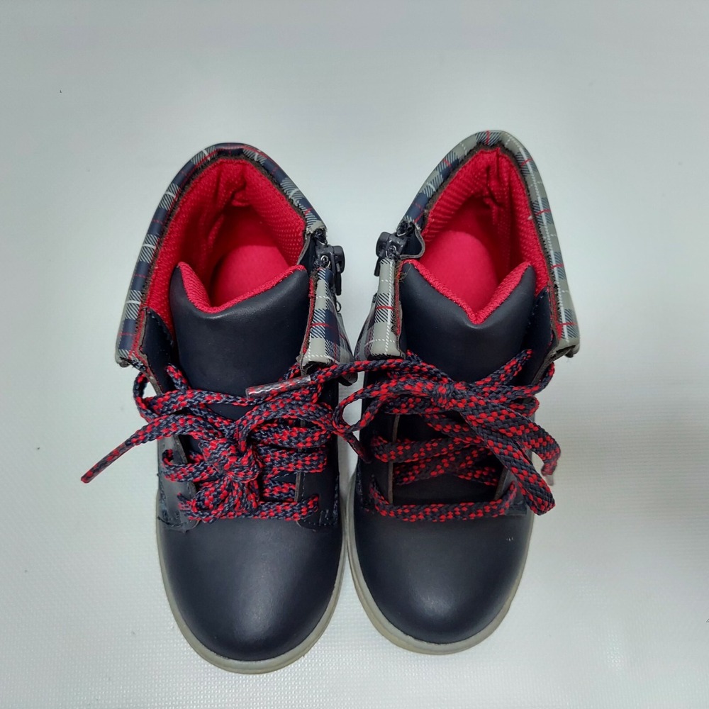 Disney Boys Mickey Mouse Boots Size 9 Navy Blue Preppy Plaid Trim Side Zip - Picture 9 of 11